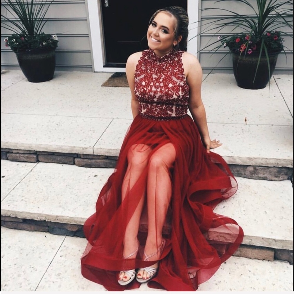 Jodi Kristopher Maroon Two Piece Prom Dress